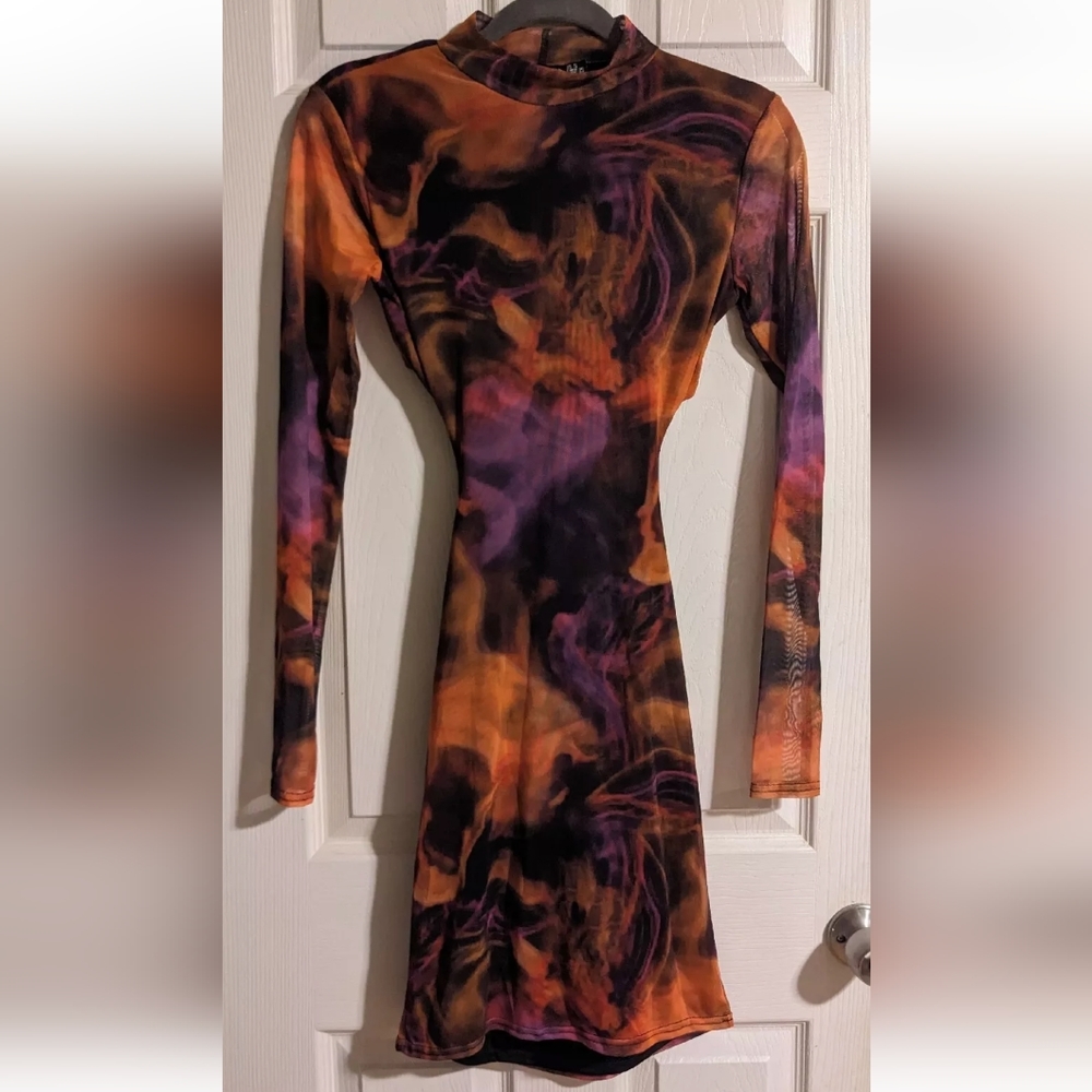 I Saw It First Bodycon Dress US 4 Mesh Purple Orange Long Sleeve asos Festival